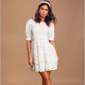 Lulus Lace Cutout Back Puff Sleeve Mini Skater Dress White M